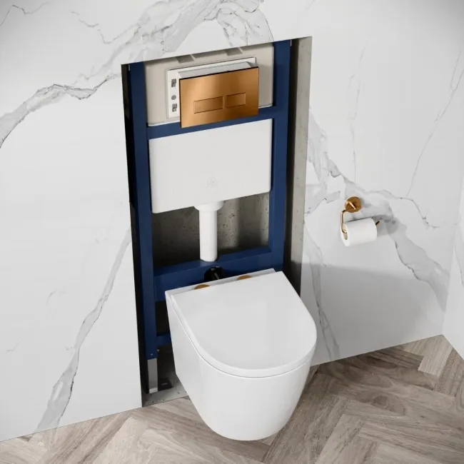 Idaho Pneumatic Wall Hung Toilet Frame and Concealed Cistern with Brushed Copper Flush Plate - Square Buttons