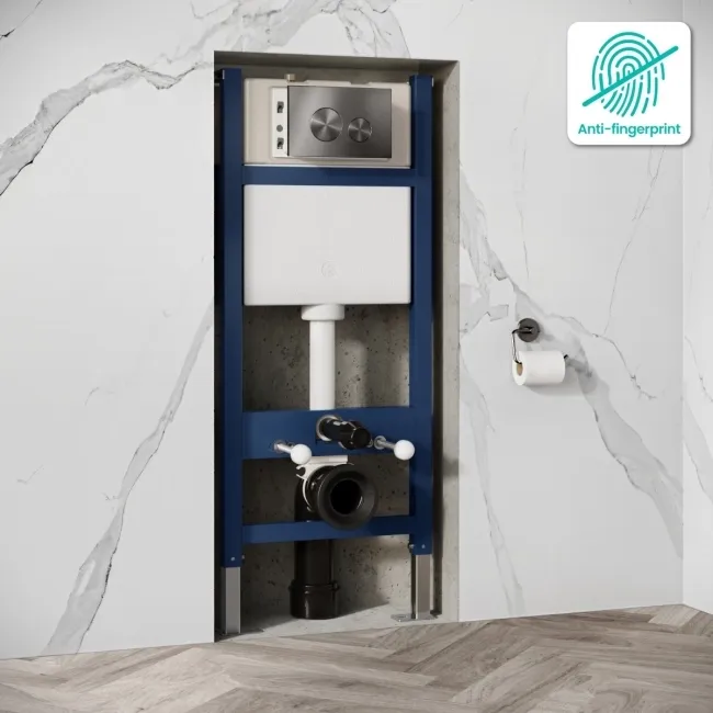 Idaho Pneumatic Wall Hung Toilet Frame and Concealed Cistern with Brushed Gunmetal Flush Plate - Round Buttons