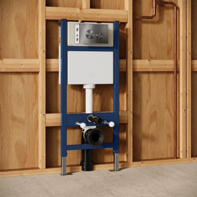 Idaho Pneumatic Wall Hung Toilet Frame and Concealed Cistern with Brushed Gunmetal Flush Plate - Round Buttons