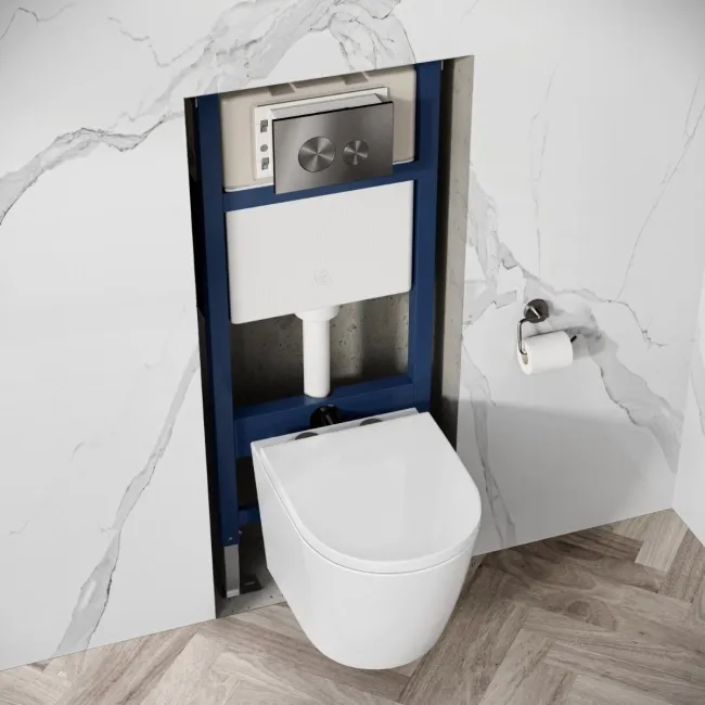 Idaho Pneumatic Wall Hung Toilet Frame and Concealed Cistern with Brushed Gunmetal Flush Plate - Round Buttons