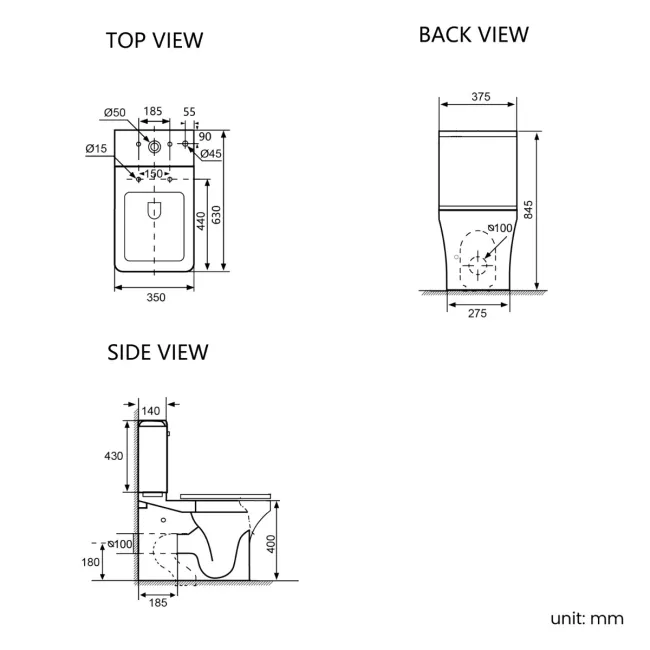 Ventura Rimless Tornado Fully Back To Wall Close Coupled Toilet With Soft Close Seat