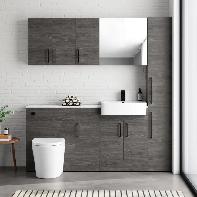 Harper Charcoal Elm Combination Vanity Basin with Marble Top & Boston Toilet 1500mm - Black Accents