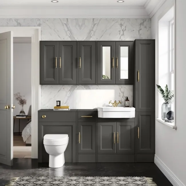 Monaco Graphite Grey Combination Vanity Traditional Basin and Seattle Toilet 1500mm - Brass Knurled Handles