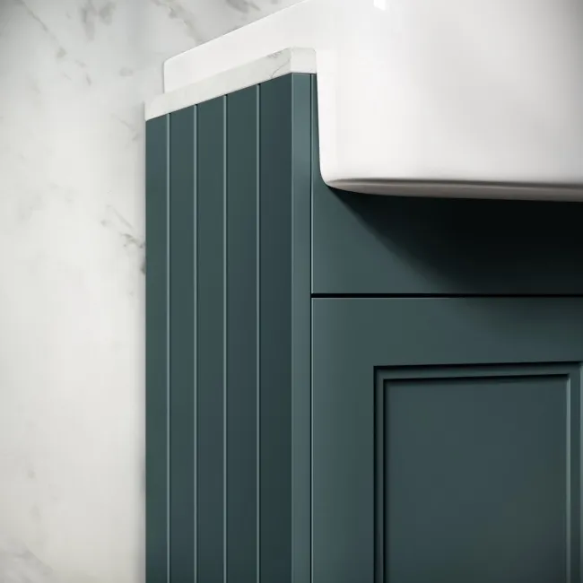 Monaco Midnight Green Combination Vanity Basin with Marble Top and Hudson Toilet with Wooden Seat 1500mm - Brass Knurled Handles