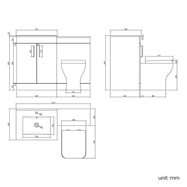 Mersey Gloss White Combination Vanity Basin and Houston Toilet 1100mm - Black Accents