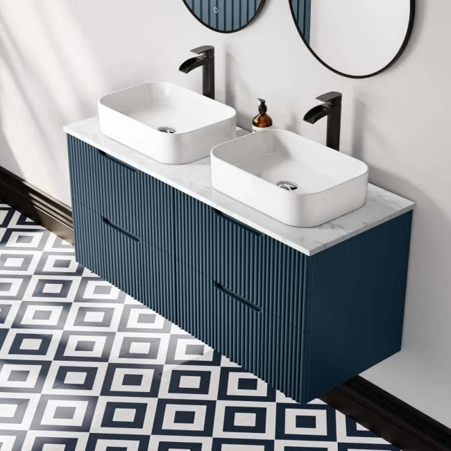 Crete Fluted Navy Blue Double Wall Hung Drawer Vanity with Marble Top & Marin Basin 1200mm