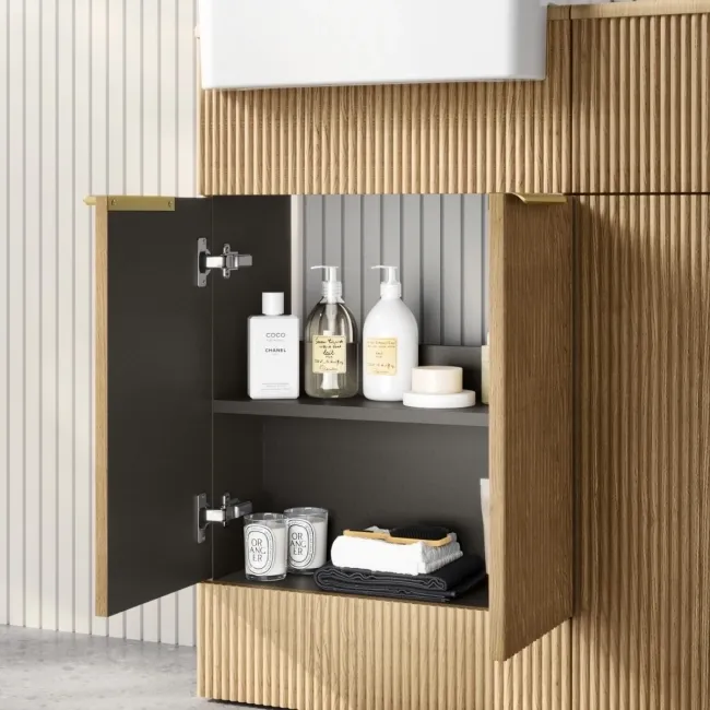Sicily Fluted Country Oak Combination Vanity Basin and Miami Toilet 1000mm - Brushed Brass Accents