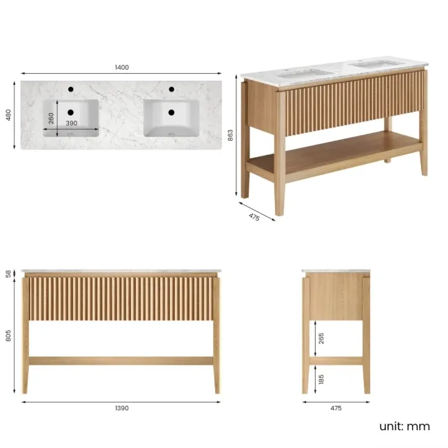 Maru Oak Carrara Marble Vanity Unit & Undermount Basin 1400mm
