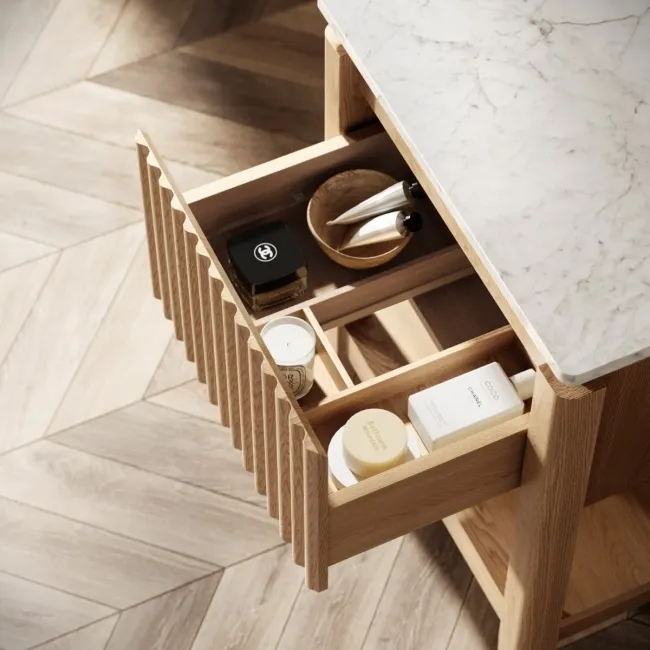 Maru Oak Wood Grain Vanity Cabinet 600mm with Carrara Marble Top - Basin Not Included