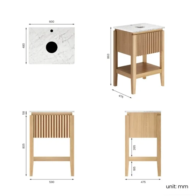 Maru Oak Wood Grain Vanity Cabinet 600mm with Carrara Marble Top - Basin Not Included
