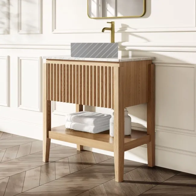 Maru Oak Wood Grain Vanity Cabinet 800mm with Carrara Marble Top - Basin Not Included