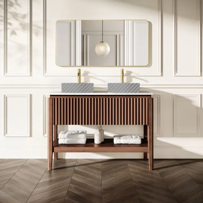 Maru Walnut Wood Grain Vanity Cabinet 1200mm with Carrara Marble Top - Basin Not Included