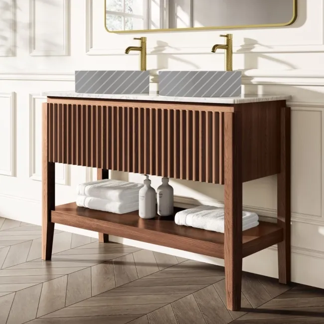 Maru Walnut Wood Grain Vanity Cabinet 1200mm with Carrara Marble Top - Basin Not Included