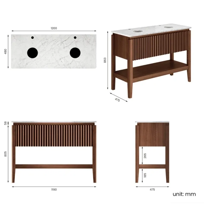 Maru Walnut Wood Grain Vanity Cabinet 1200mm with Carrara Marble Top - Basin Not Included