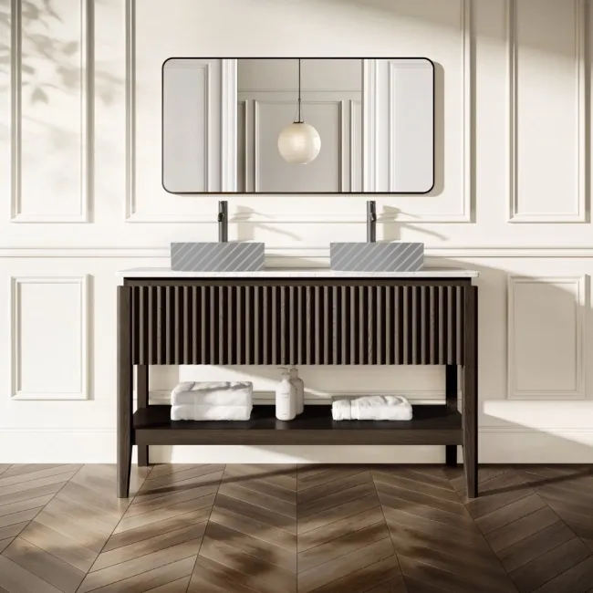 Maru Black Oak Wood Grain Vanity Cabinet 1400mm with Carrara Marble Top - Basin Not Included