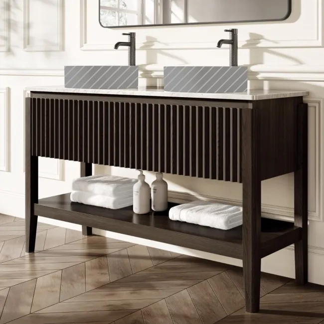 Maru Black Oak Wood Grain Vanity Cabinet 1400mm with Carrara Marble Top - Basin Not Included