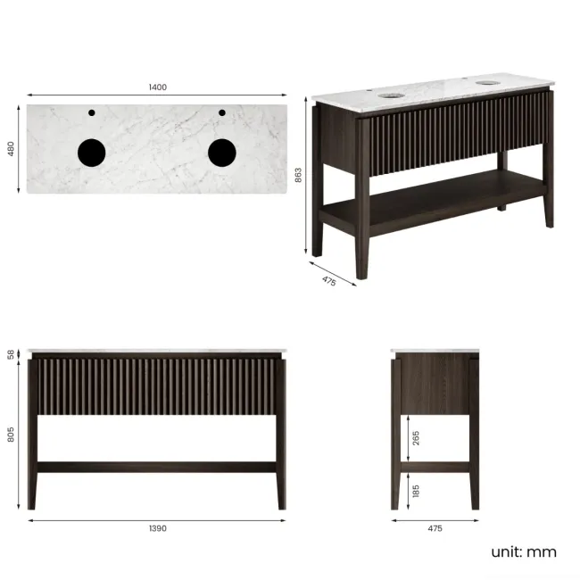 Maru Black Oak Wood Grain Vanity Cabinet 1400mm with Carrara Marble Top - Basin Not Included