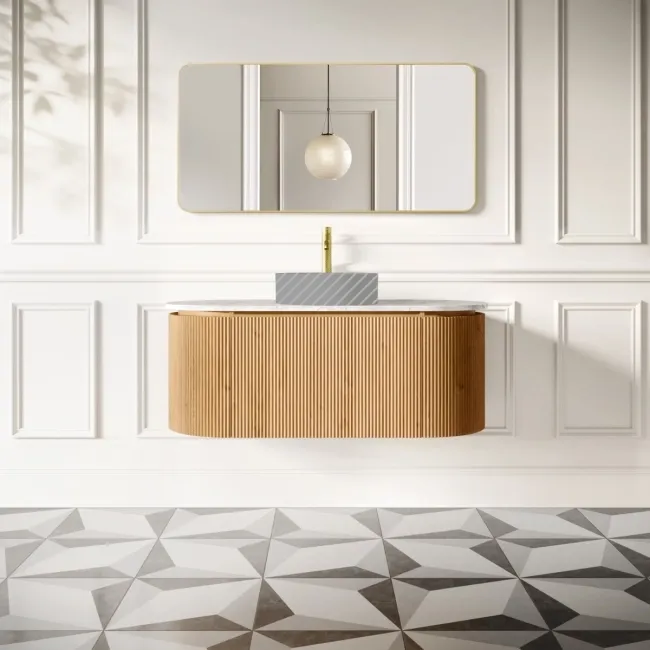 Positano Natural Oak Curved Wall Hung Vanity Drawer with Carrara Marble Top 1200mm - Basin Not Included