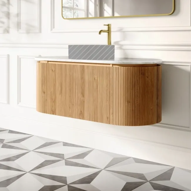 Positano Natural Oak Curved Wall Hung Vanity Drawer with Carrara Marble Top 1200mm - Basin Not Included