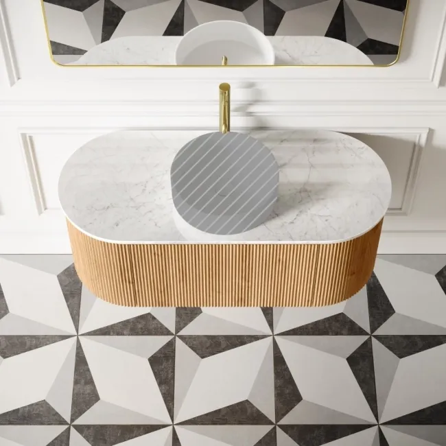 Positano Natural Oak Curved Wall Hung Vanity Drawer with Carrara Marble Top 1200mm - Basin Not Included