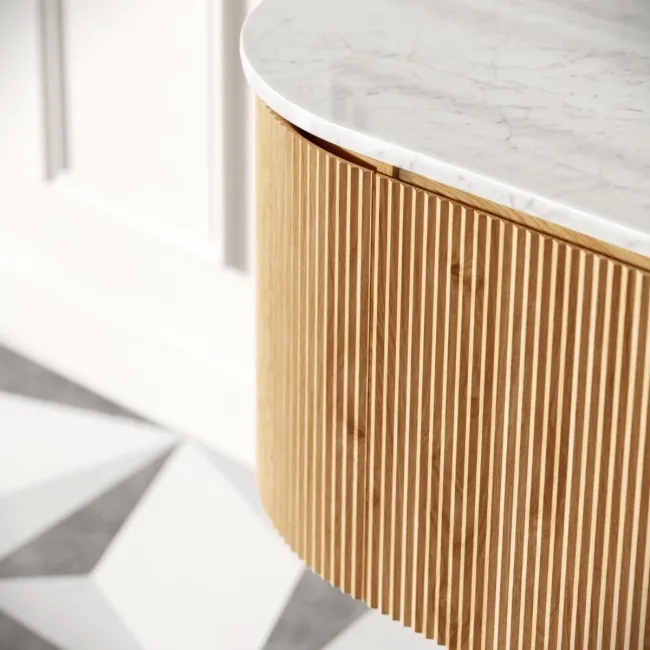 Positano Natural Oak Curved Wall Hung Vanity Drawer with Carrara Marble Top 1200mm - Basin Not Included