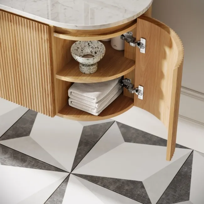 Positano Natural Oak Curved Wall Hung Vanity Drawer with Carrara Marble Top 1200mm - Basin Not Included