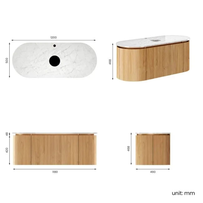 Positano Natural Oak Curved Wall Hung Vanity Drawer with Carrara Marble Top 1200mm - Basin Not Included