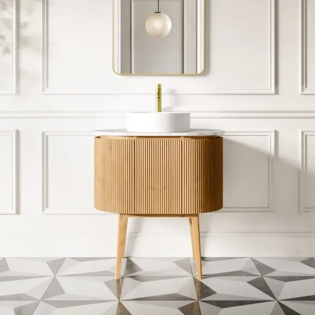 Positano Natural Oak Curved Vanity Unit with Carrara Marble Top 800mm - Basin Not Included