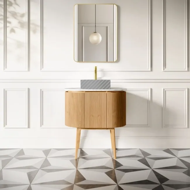 Positano Natural Oak Curved Vanity Unit with Carrara Marble Top 800mm - Basin Not Included