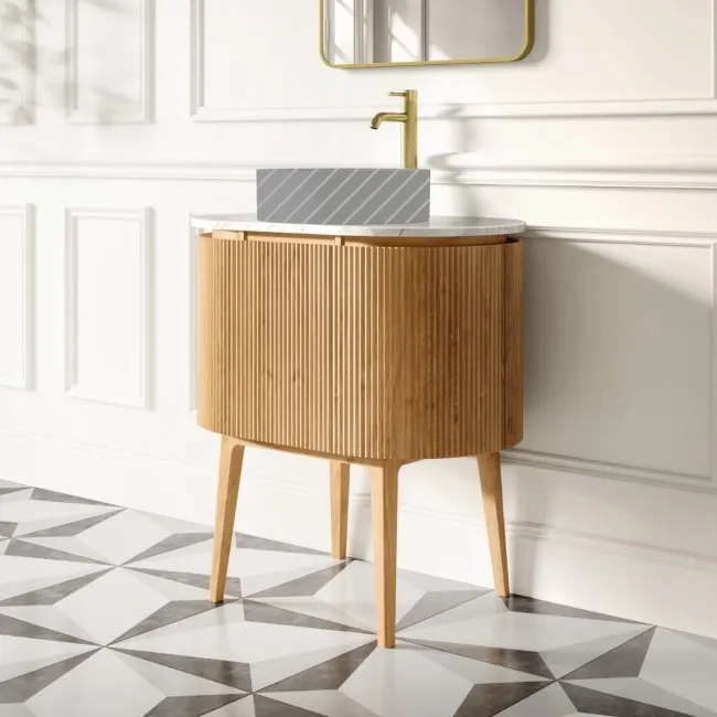 Positano Natural Oak Curved Vanity Unit with Carrara Marble Top 800mm - Basin Not Included