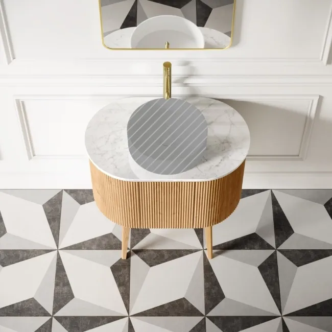 Positano Natural Oak Curved Vanity Unit with Carrara Marble Top 800mm - Basin Not Included