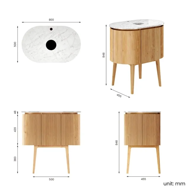 Positano Natural Oak Curved Vanity Unit with Carrara Marble Top 800mm - Basin Not Included