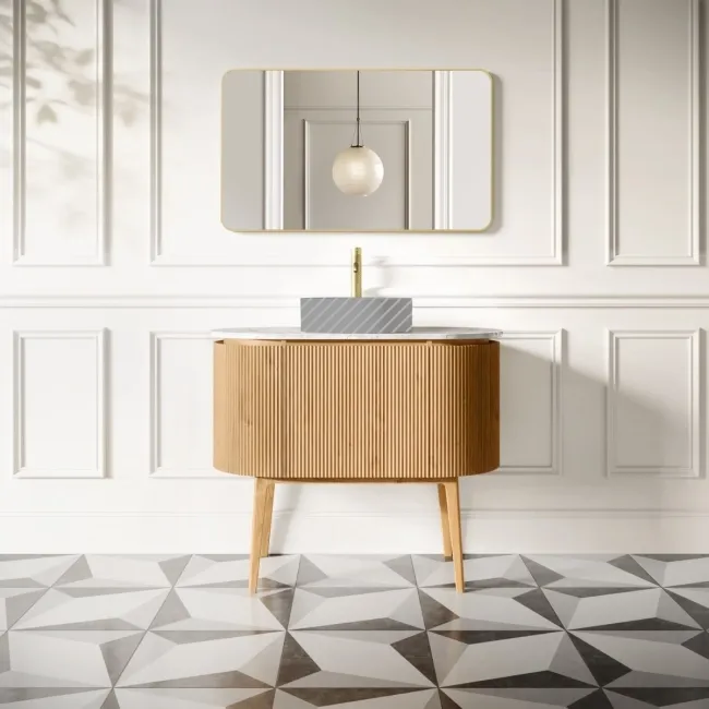 Positano Natural Oak Curved Vanity Unit with Carrara Marble Top 1000mm - Basin Not Included
