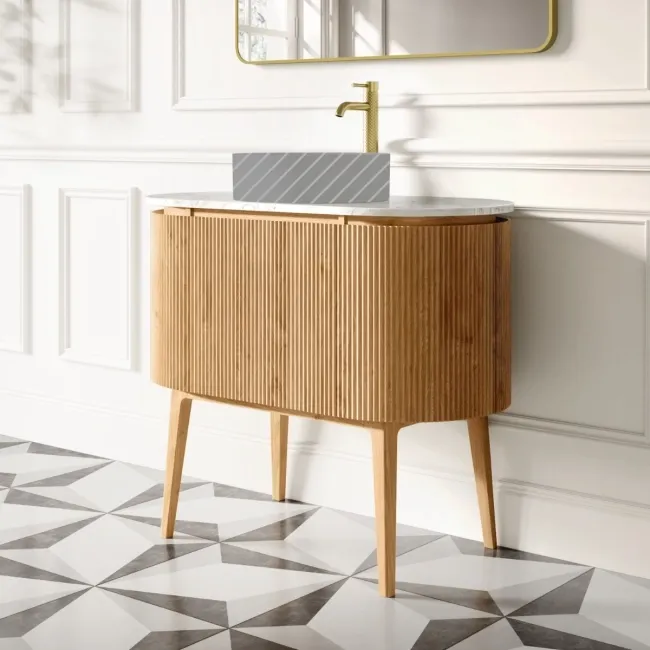 Positano Natural Oak Curved Vanity Unit with Carrara Marble Top 1000mm - Basin Not Included