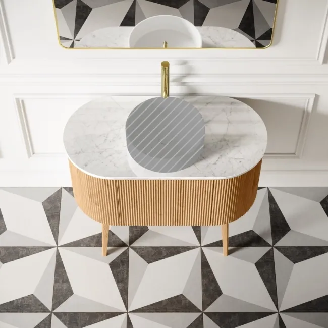 Positano Natural Oak Curved Vanity Unit with Carrara Marble Top 1000mm - Basin Not Included