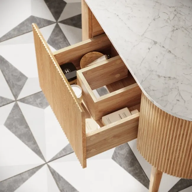 Positano Natural Oak Curved Vanity Unit with Carrara Marble Top 1000mm - Basin Not Included