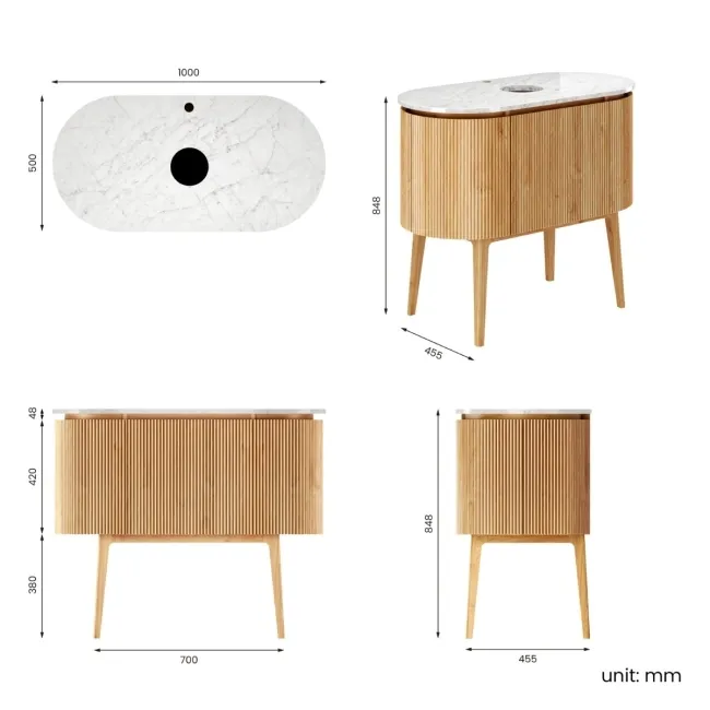 Positano Natural Oak Curved Vanity Unit with Carrara Marble Top 1000mm - Basin Not Included