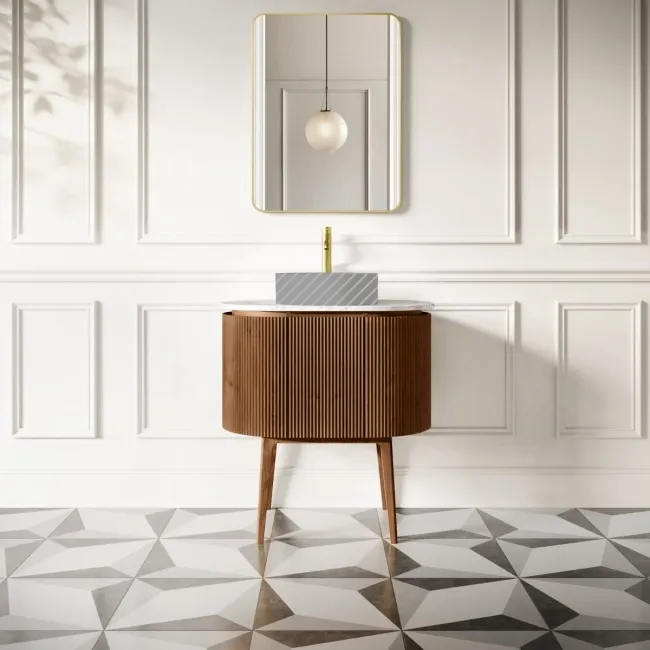 Positano Natural Walnut Curved Vanity Unit with Carrara Marble Top 800mm - Basin Not Included