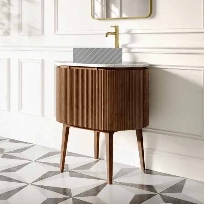 Positano Natural Walnut Curved Vanity Unit with Carrara Marble Top 800mm - Basin Not Included