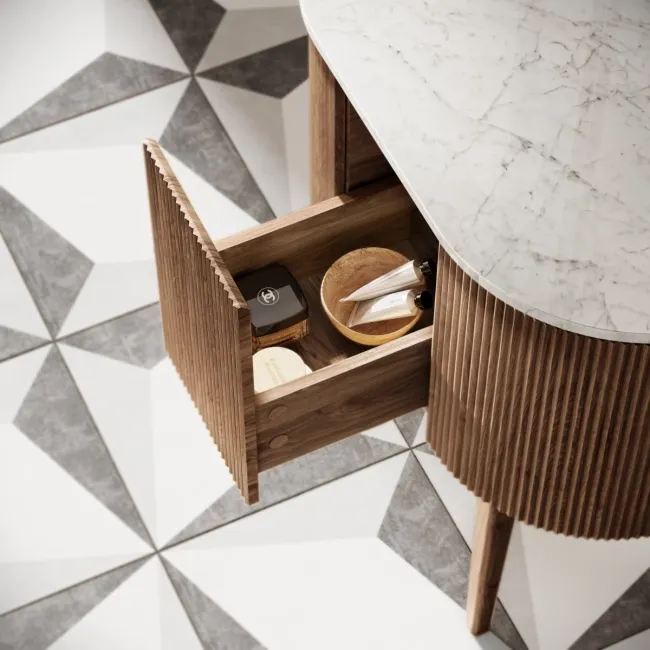 Positano Natural Walnut Curved Vanity Unit with Carrara Marble Top 800mm - Basin Not Included