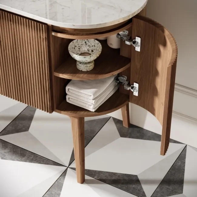 Positano Natural Walnut Curved Vanity Unit with Carrara Marble Top 800mm - Basin Not Included