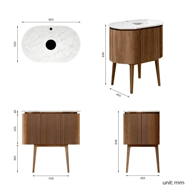 Positano Natural Walnut Curved Vanity Unit with Carrara Marble Top 800mm - Basin Not Included