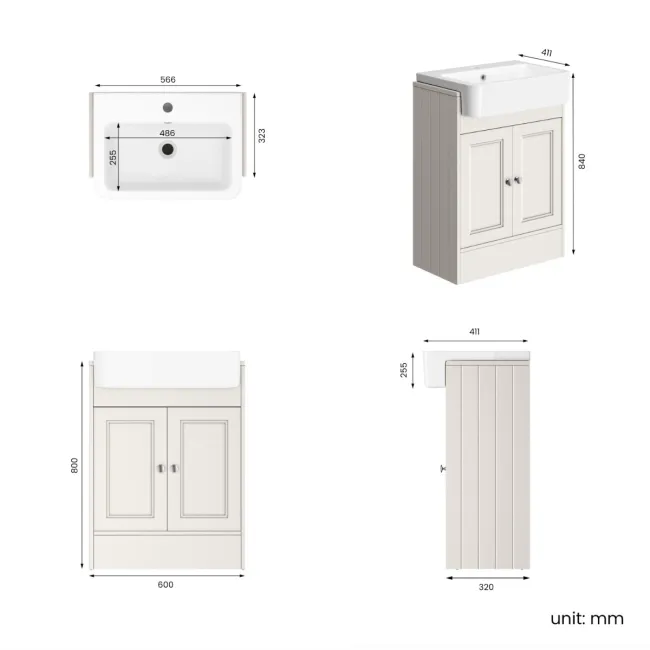 Monaco Cotton White Basin Vanity 600mm
