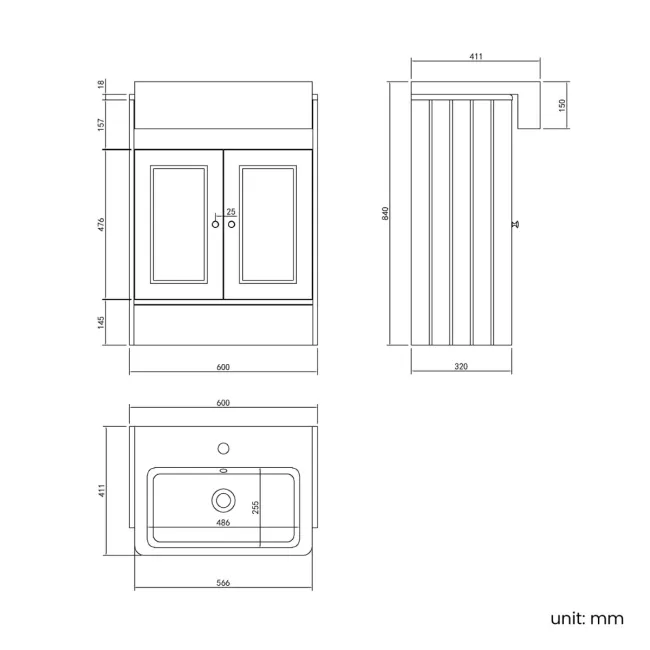 Monaco Cotton White Basin Vanity 600mm