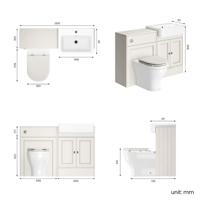 Monaco Cotton White Combination Vanity Basin and Kansas Toilet with Wooden Seat 1200mm