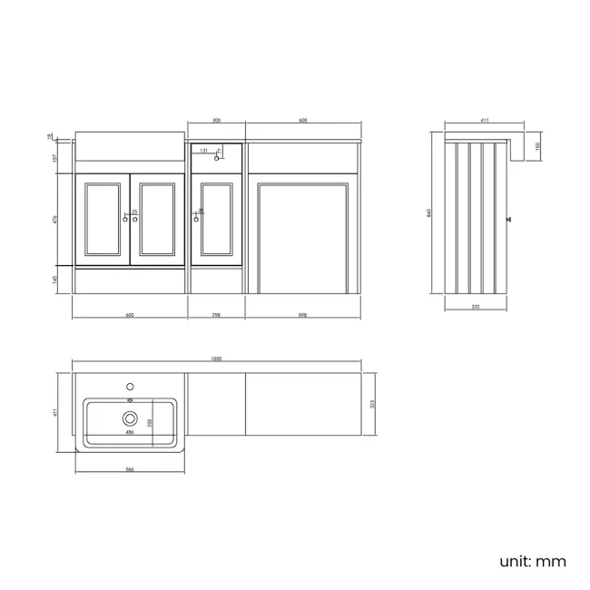 Monaco Cotton White Combination Vanity Basin 1500mm (Excludes Pan & Cistern)