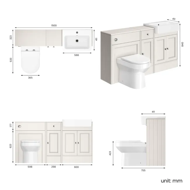 Monaco Cotton White Combination Vanity Basin and Miami Toilet 1500mm