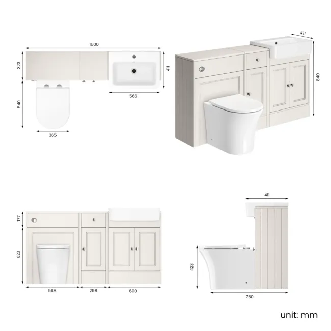 Monaco Cotton White Combination Vanity Basin and Tucson Toilet 1500mm