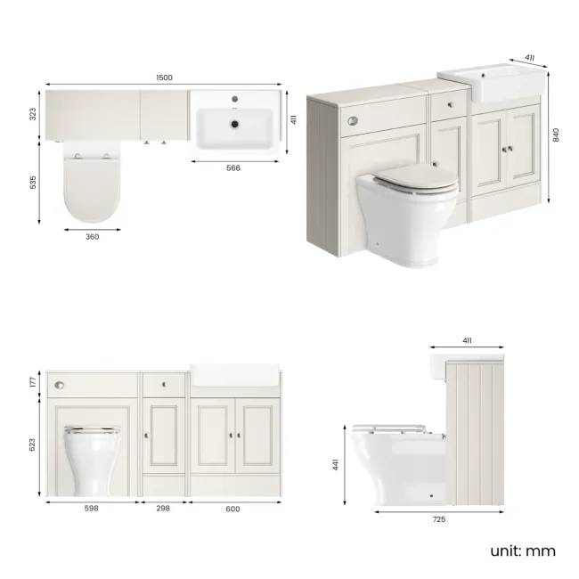 Monaco Cotton White Combination Vanity Basin and Kansas Toilet with Wooden Seat 1500mm