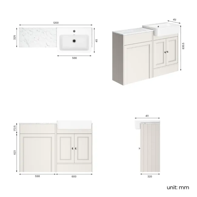 Monaco Cotton White Combination Vanity Basin with Marble Top 1200mm (Excludes Pan & Cistern)